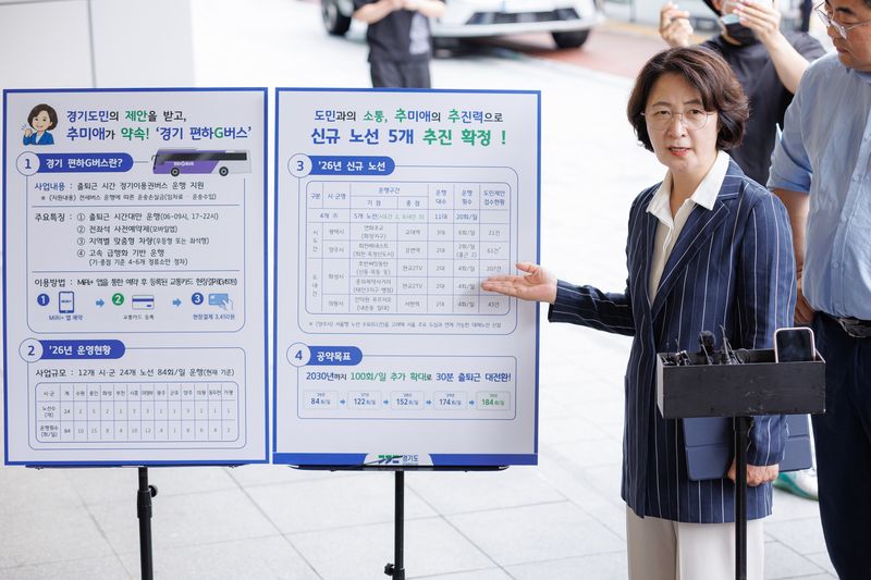 20일 오후 경기 성남시 판교역 동편 정류소 인근에서 추미애 경기도지사가 경기편하G버스 확대 관련 기자회견을 하고 있다.(경기도 제공. 재판매 및 DB금지)