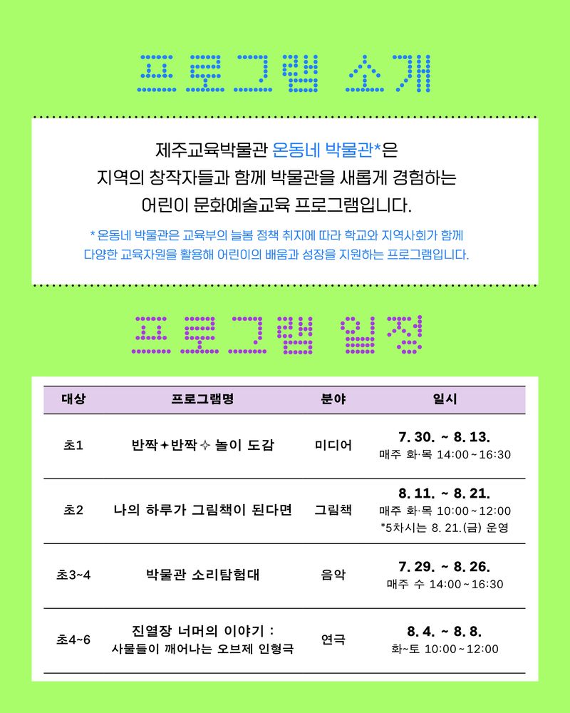 제주교육박물관이 여름방학을 맞아 운영하는 문화예술교육 프로그램 ‘온동네 박물관’ 안내 포스터. 초등학생들은 미디어아트와 그림책, 음악, 오브제 인형극 등 학년별 맞춤형 강좌에 참여할 수 있다. /사진=제주교육박물관 제공