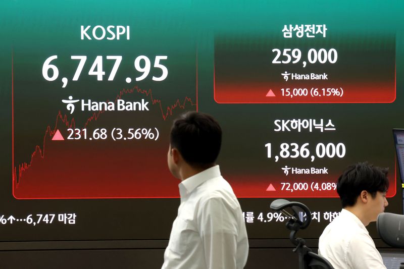 코스피가 반등에 성공하며 6700선을 회복한 21일 오후 서울 중구 하나은행 딜링룸 현황판에 삼성전자와 SK하이닉스 주가가 표시돼고 있다. 2026.7.21 ⓒ 뉴스1 이광호 기자