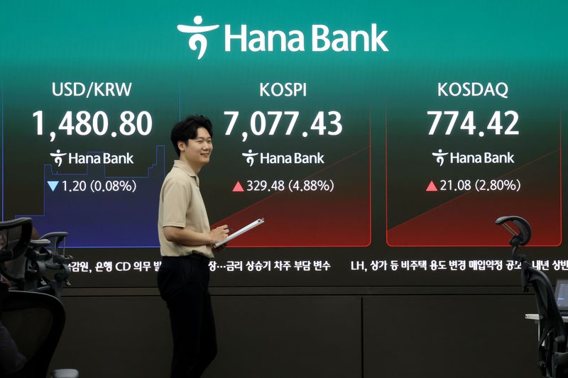 코스피가 상승 출발하며 7000선을 회복한 22일 오전 서울 중구 하나은행 딜링룸. 2026.7.22 ⓒ 뉴스1 이광호 기자