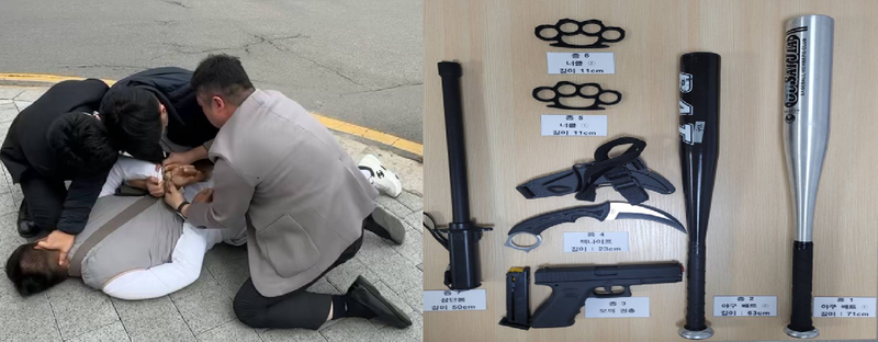 지난 3월 31일 서울 압구정동에서 경찰이 폭력범죄단체 조직원을 검거하는 모습(왼쪽)과 수사 과정에서 확보한 모의 권총, 너클, 흉기, 야구방망이 등 물품. 서울경찰청 제공