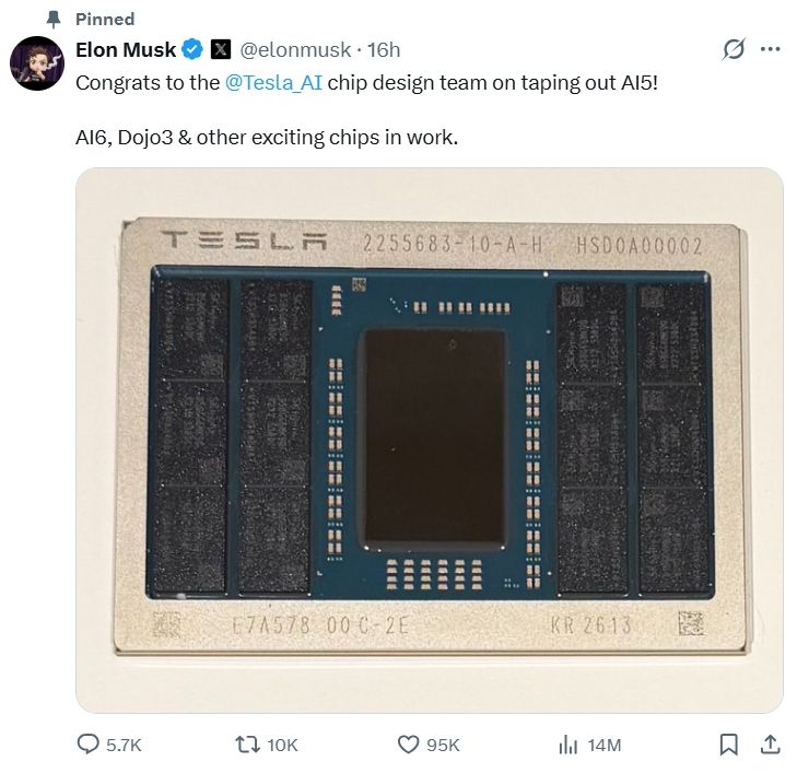 [서울=뉴시스] 일론 머스크 테슬라 최고경영자(CEO)가 자신의 X에 "AI5 테이프아웃을 완료한 테슬라 AI 칩 설계팀에 축하를 보냅니다!"라며 "이 칩을 양산 단계까지 이끄는 데 지원해준 TSMC와 삼성에도 감사드립니다! AI5는 역사상 가장 많이 생산되는 AI 칩 가운데 하나가 될 것입니다"라는 내용을 게시했다. (사진=일론 머스크 X 캡쳐) 2026.04.16. photo@newsis.com *재판매 및 DB 금지