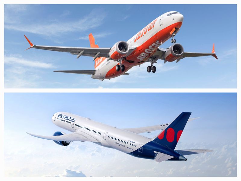 제주항공 B737-8 여객기(위)와 에어프레미아 B787-9 여객기(아래)의 모습(자료사진. 각 사 제공). 2026.7.24.