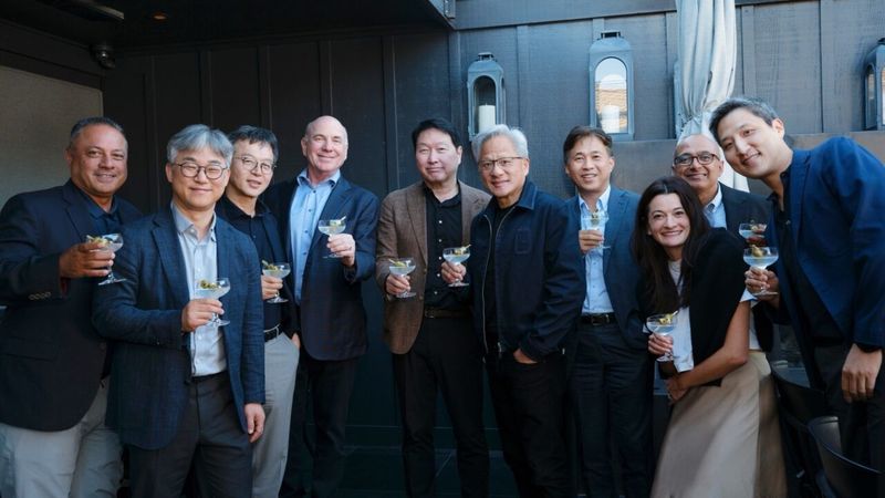 엔비디아는 '샌프란시스코 AI 서밋'을 하루 앞두고 젠슨 황 CEO, 최태원 SK그룹 회장, SK하이닉스·SK텔레콤·엔비디아 관계자들이 미국 캘리포니아주 우드사이드에서 만찬을 함께하며 양사의 오랜 협력 관계를 다시 한번 확인했다고 밝혔다. (엔비디아 제공)