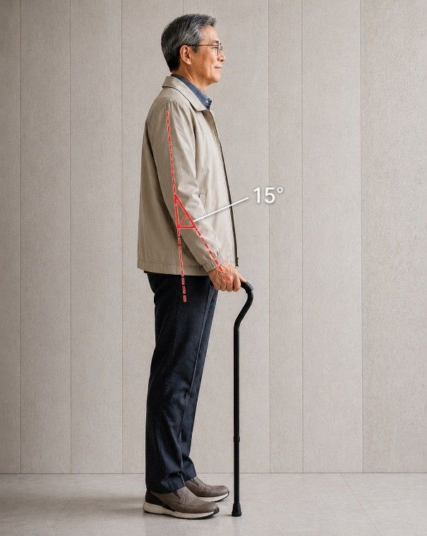 지팡이를 쥔 상태에서 팔꿈치의 적절한 각도와 그에 따른 적절한 지팡이 길이. 미국 유명 의료기관인 메이요 클리닉(Mayo Clinic)은 15~20도 내외로 굽히길 권장한다. 실제 국내 임상에서는 20~30도 범위도 많이 사용된다. 지팡이를 균형잡는 위주로 사용하는 경우엔 팔꿈치를 좀 더 굽혀도 된다. 사진=AI 생성 이미지