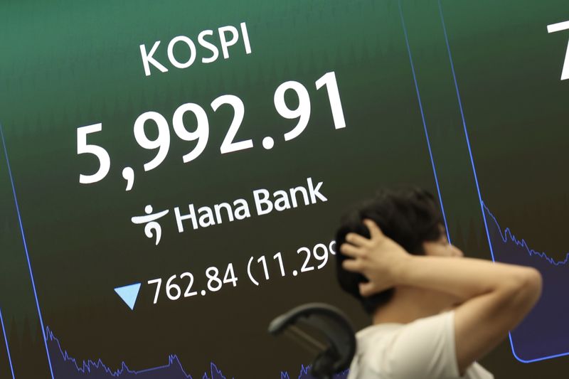 코스피가 장중 6000선이 붕괴된 28일 오후 서울 중구 하나은행 딜링룸에 코스피 지수가 표시돼 있다. 뉴시스 제공