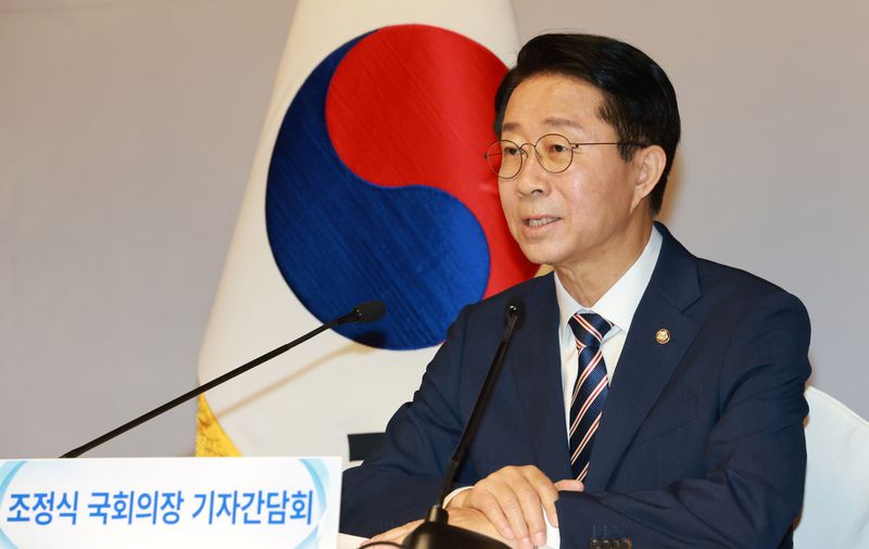 조정식 국회의장이 28일 서울 여의도 국회 사랑재에서 열린 취임 첫 기자간담회에서 인사말을 하고 있다. 2026.7.28 ⓒ 뉴스1 국회사진기자단