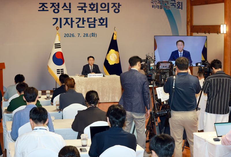 조정식 국회의장이 28일 서울 여의도 국회 사랑재에서 취임 후 첫 기자간담회를 하고 있다. 2026.7.28 ⓒ 뉴스1 국회사진기자단