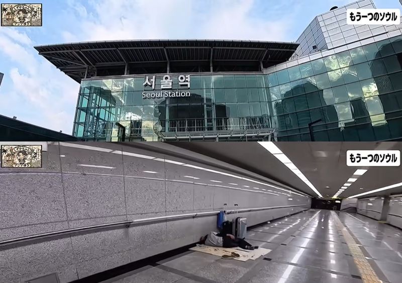 [서울=뉴시스] 서울역 일대 노숙인들의 모습을 촬영한 뒤 이를 한국 경제의 '민낯'이라고 소개한 일본 유튜버의 영상이 한일 누리꾼 사이에서 엇갈린 반응을 낳고 있다. (사진='시즈카씨의 아시아 산책' 유튜브 캡처) *재판매 및 DB 금지