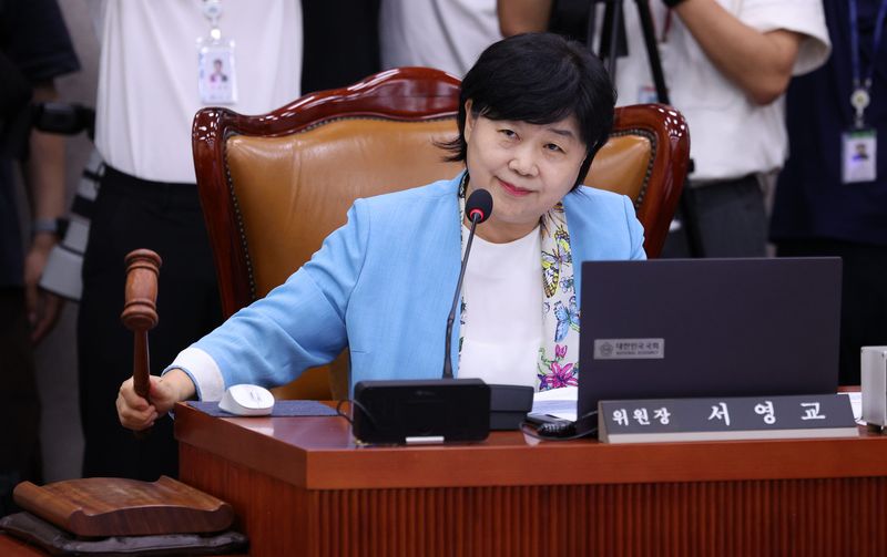 서영교 법사위원장이 29일 서울 여의도 국회에서 열린 법제사법위원회 제5차 전체회의에서 의사봉을 두드리고 있다. 뉴시스