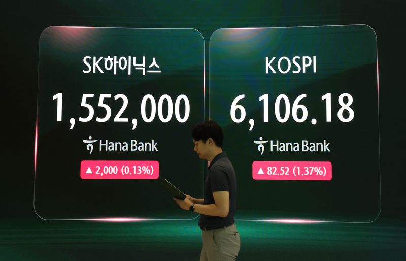 [서울=뉴시스] 김금보 기자 = 29일 오전 서울 중구 하나은행 딜링룸 전광판에 SK하이닉스 주가와 코스피가 표시되고 있다.SK하이닉스는 연결 기준 올해 2분기 매출 79조3187억원, 영업이익 60조5426억원을 기록했다고 29일 공시했다. 매출은 전년 동기보다 256.8% 증가했다. 영업이익은 전년 동기 대비 557.2% 늘었다. 2026.07.29. kgb@newsis.com /사진=뉴시스