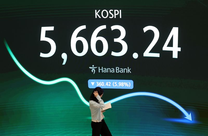 [서울=뉴시스] 이영환 기자 = 코스피가 전 거래일 보다 360.42포인트(5.98%) 하락한 5663.24에 마감한 29일 오후 서울 중구 하나은행 딜링룸 전광판에 종가가 표시되어 있다. 코스닥 지수는 전 거래일보다 43.17포인트(6.12%) 하락한 662.68포인트, 원·달러 환율은 15.8원 내린 1446.7원에 마감했다. 2026.07.29. 20hwan@newsis.com <저작권자ⓒ 공감언론 뉴시스통신사. 무단전재-재배포 금지.> /사진=뉴시스화상