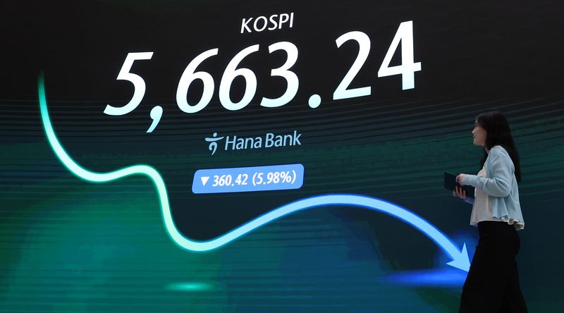 [서울=뉴시스] 이영환 기자 = 코스피가 전 거래일 보다 360.42포인트(5.98%) 하락한 5663.24에 마감한 29일 오후 서울 중구 하나은행 딜링룸 전광판에 종가가 표시되어 있다. 코스닥 지수는 전 거래일보다 43.17포인트(6.12%) 하락한 662.68포인트, 원·달러 환율은 15.8원 내린 1446.7원에 마감했다. 2026.07.29. 20hwan@newsis.com <저작권자ⓒ 공감언론 뉴시스통신사. 무단전재-재배포 금지.> /사진=뉴시스화상