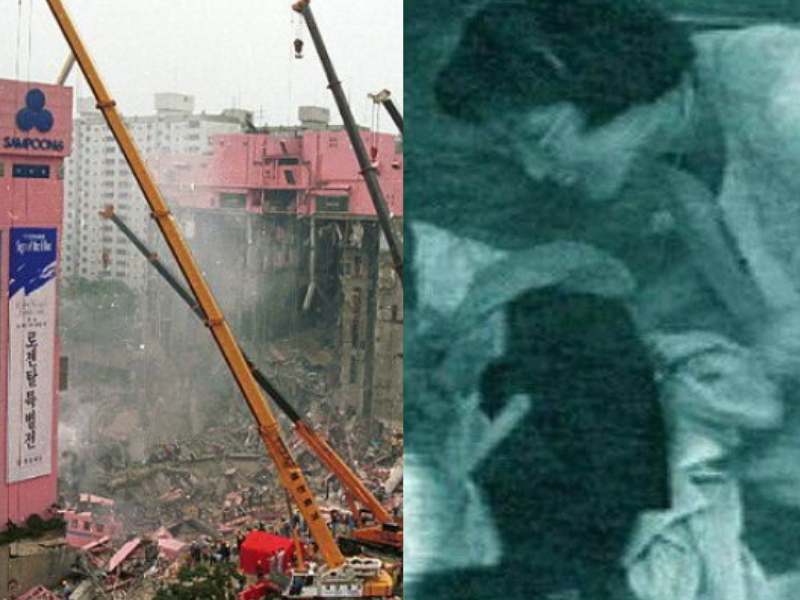 1995년 삼풍백화점 붕괴 현장(왼쪽)과 사고 당시 피해자들이 입은 옷을 약탈해 가던 한 여성의 사진. 국내 누리꾼들은 해당 사진에는 '악마의 미소'라는 이름을 붙였다. /사진=뉴스1, YTN