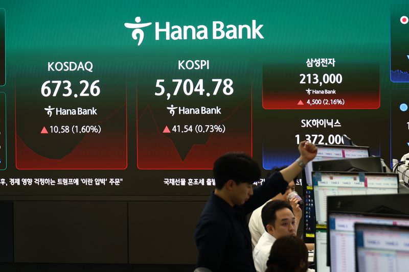 [서울=뉴시스] 고승민 기자 = 코스피가 18.53포인트(0.33%) 오른 5681.77 출발했다가 소폭 등락을 이어가고 있는 30일 서울 하나은행 본점 딜링룸에서 관계자들이 업무를 보고 있다. 코스닥은 1.20% 내린 654.72에 출발했다. 2026.07.30. kkssmm99@newsis.com /사진=뉴시스