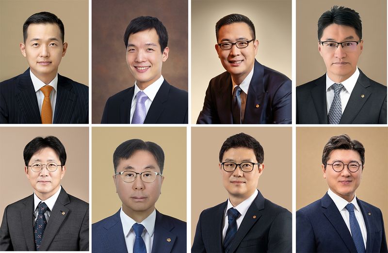 왼쪽 위부터 시계방향으로 김동관 한화그룹 수석부회장, 김동원 한화생명 부회장, 김동선 한화비전 사장, 이부환 한화에어로스페이스 사업부문 대표이사 내정자, 양기원 한화시스템 대표이사 내정자, 강정훈 한화임팩트 사업부문 내정자, 김기철 한화세미텍 대표이사 내정자, 임동준 한화자산운용 대표이사 내정자. 한화그룹 제공