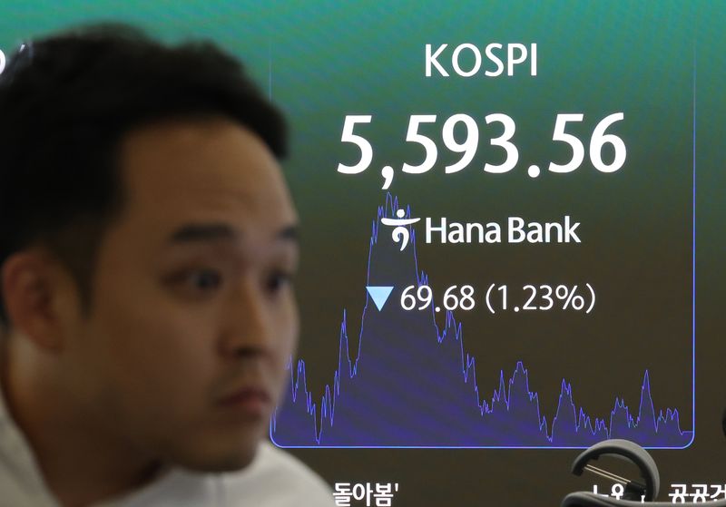 30일 서울 중구 하나은행 딜링룸 전광판에 코스피 종가가 표시돼있다. 코스피는 전날보다 69.68포인트(1.23%) 내린 5,593.56으로 장을 마쳤다. 사진=연합뉴스