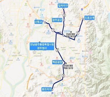 [전남광주=뉴시스] 국토교통부 제2차 간선급행버스체계(BRT) 종합계획(2026~2030년)에 반영된 광주권 BRT 3개 노선도. 이미 사업을 추진 중인 '백운~매곡 8.67㎞' 노선에 이어 '운암~각화 8.4㎞', '효천~일곡 6.0㎞' 등 2개 노선이 계획에 추가됐다. (사진=뉴시스DB) 2026.07.30. photo@newsis.com *재판매 및 DB 금지