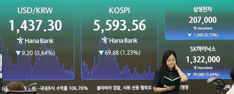 30일 서울 중구 하나은행 딜링룸 전광판에 코스피 지수가 전일 종가와 비교해 69.68포인트(p)(1.23%) 하락한 5593.56을 나타내고 있다. 코스닥은 전일 대비17.90포인트(p)(2.70%) 하락한 644.78로 마감했다. 2026.7.30 ⓒ 뉴스1 임세영 기자