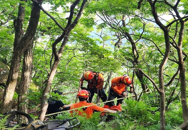 지난 29일 대구 동구 팔공산 동봉 정상 인근에서 소방 당국이 등산객을 구조하는 모습. (대구소방안전본부 제공. 재판매 및 DB금지)