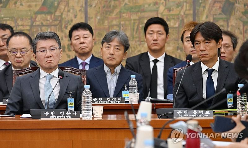 정몽규 전 대한축구협회장과 홍명보 전 축구국가대표팀 감독이 지난 7월 30일 서울 여의도 국회에서 열린 문화체육관광위원회의 대한축구협회 현안 관련 청문회에 참석해 자리에 앉아 있다. 연합뉴스
