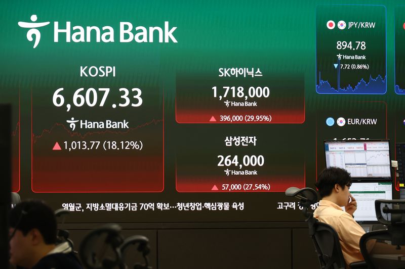 31일 서울 하나은행 본점 딜링룸 전광판에 코스피가 장중 한때 18%가 넘는 상승률을 보이고 있다. 뉴시스 제공