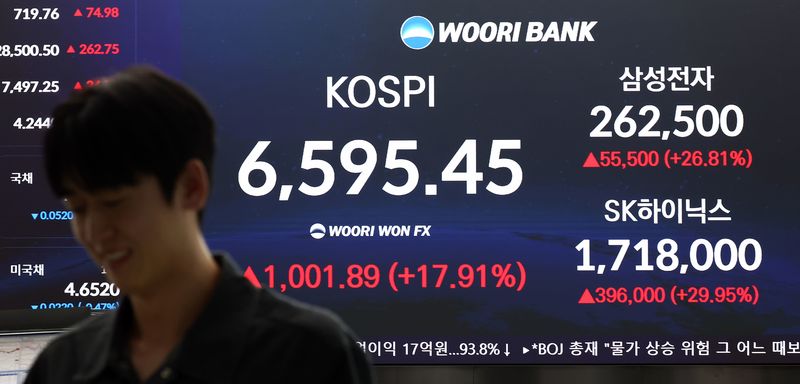 코스피가 폭등하며 역대 최대 상승세를 보인 31일 오후 서울 중구 우리은행 본점 딜링룸 전광판에 종가가 나오고 있다. 이날 코스피는 전날보다 1001.89포인트(17.91%) 오른 6595.45, SK하이닉스는 사상 처음으로 상한가를 기록했다. 2026.7.31/뉴스1