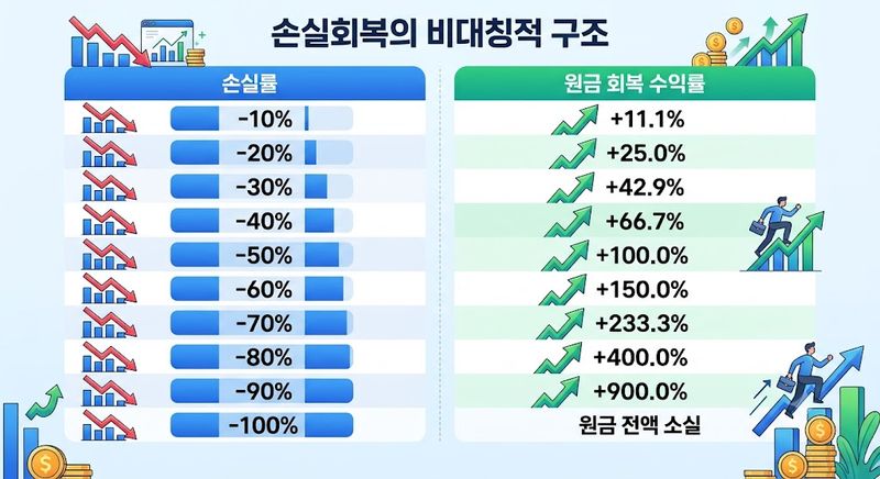 손실 회복의 비대칭적 구조. 제미나이 생성 이미지. ※ 원금 회복 수익률 = 손실률 ÷ (100% -손실률). 예를 들어, 50%(70%,90%) 손실률에서 원금 100%로 회복 하려면, 각각 100% (233%,900%)의 수익률을 내야함