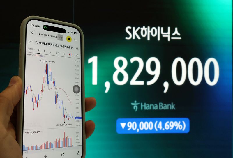 24일 서울 중구 하나은행 딜링룸에서 스마트폰 주식거래 앱 화면에 SK하이닉스 단일종목레버리지 상품 차트가 표시되고 있다. 2026.7.24 ⓒ 뉴스1 김진환 기자