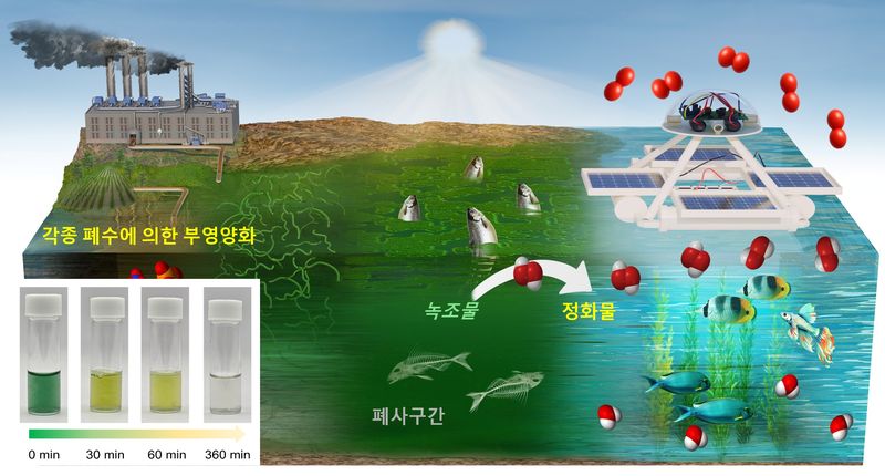한국과학기술연구원(KIST)의 청정에너지연구센터 오형석 박사 연구팀이 초물성전도소재연구센터 김남동 박사, 극한물성소재연구센터 조혜성 박사 연구팀과 공동으로 외부 전력 공급과 약품 운반 없이 햇빛만으로 작동하는 무전원 자율 방제 수상 로봇을 세계 최초로 개발했다.(KIST 제공)