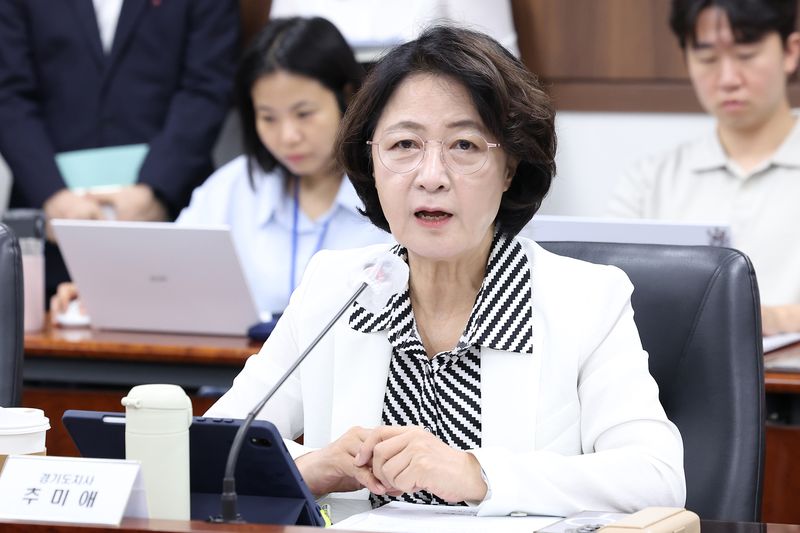 추미애 경기도지사가 서울 종로구 정부서울청사에서 발언을 하고 있다. 뉴스1