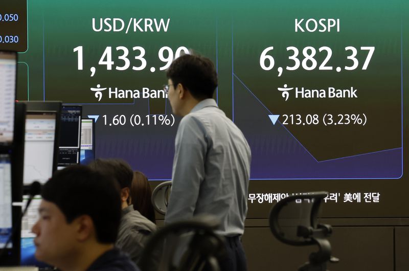 3일 오전 서울 중구 하나은행 딜링룸 전광판에 주요 지수가 표시 되고 있다. 코스피는 전거래일 대비 3.6% 하락한 6358.27에 개장했다. 뉴시스