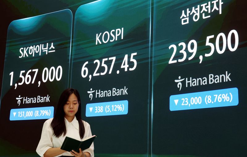 코스피 지수가 전 거래일보다 5.12% 내린 6257.45에 장을 마감한 3일 오후 서울 중구 하나은행 본점 딜링룸에서 딜러가 업무를 보고 있다. /사진=뉴시스