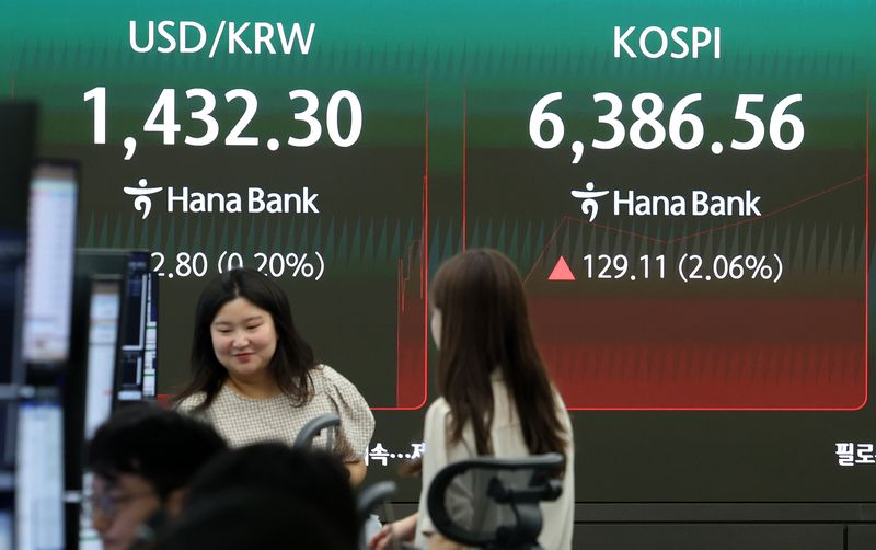코스피가 전 거래일보다 93.93포인트(1.50%) 오른 6351.38에 시작한 4일 오전 서울 중구 하나은행 딜링룸 전광판에 지수가 표시되고 있다. 코스닥지수는 10.84포인트(1.47%) 오른 748.19, 원·달러 환율은 개장 시간 1435.7원을 나타냈다. 2026.08.04. 20. /사진=뉴시스