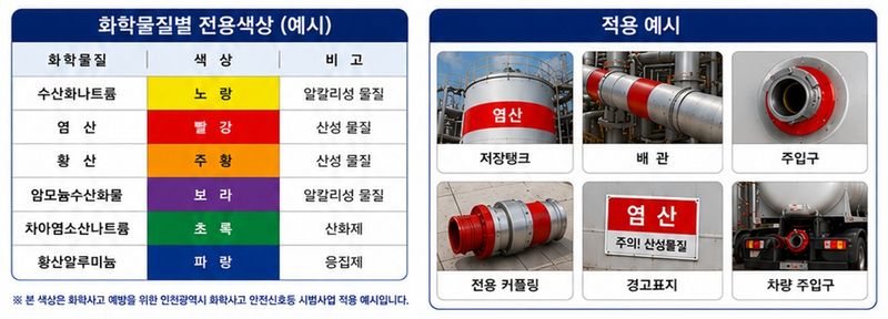 인천시 화학사고 안전신호등 시스템의 화학물질별 전용색상 및 적용 사례. 인천시 제공.