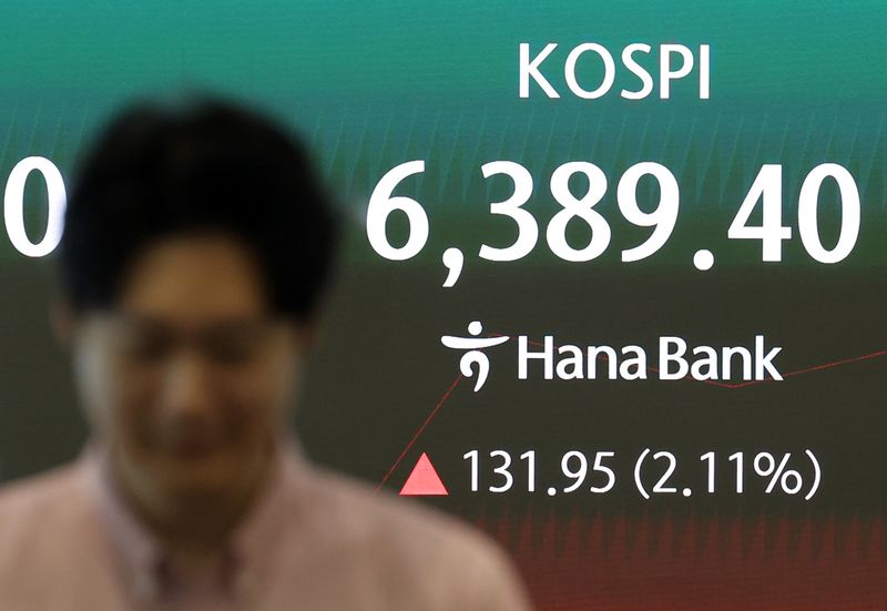 [서울=뉴시스] 이영환 기자 = 코스피가 전 거래일보다 93.93포인트(1.50%) 오른 6351.38에 시작한 4일 오전 서울 중구 하나은행 딜링룸 전광판에 지수가 표시되고 있다.코스닥지수는 10.84포인트(1.47%) 오른 748.19, 원·달러 환율은 개장 시간 1435.7원을 나타냈다. 2026.08.04. 20hwan@newsis.com