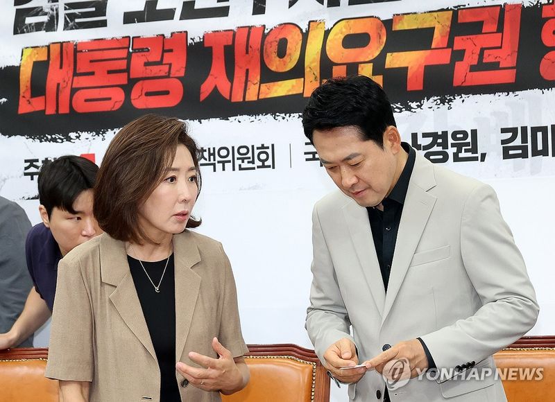 대화하는 장동혁 대표·나경원 의원 (출처=연합뉴스)