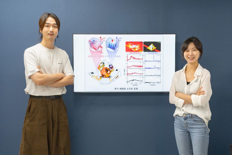 광주과학기술원(GIST) 신소재공학과 하민정 교수 연구팀의 하 교수(오른쪽)와 김유빈 박사과정생이 촉각 체화형 소프트로봇 작동원리를 나타낸 그림 앞에서 기념촬영을 하고 있다. GIST 제공