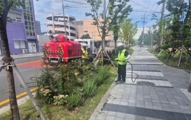 부산시는 폭염상황에 따라 녹지대 관리를 '주의, 경계, 심각' 등 3단계로 적용·관리하는 '하절기 폭염대비 가로수 및 녹지대 관리계획'을 시행 중이라고 5일 밝혔다. 가로수 급수 모습. 부산시 제공
