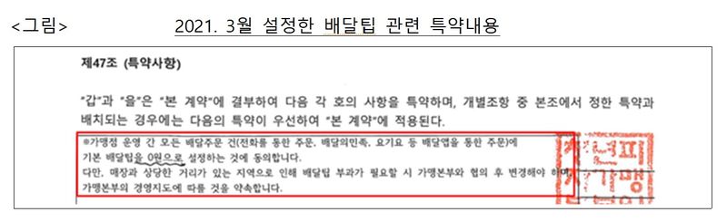 [세종=뉴시스] 비에스비푸드는 2021년 3월부터 가맹계약서를 작성할 때 모든 배달 주문의 배달팁을 0원으로 설정하는 특약을 포함했다. 이후 기본거리(1.5㎞)는 0원, 추가 거리에는 100m당 100원을 부과하는 방식으로 일부 변경되면서 지난해 1월까지 유지됐다. (자료 = 공정거래위원회 제공) 2026.08.05. *재판매 및 DB 금지