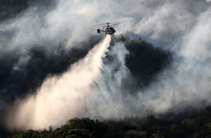 [대구=뉴시스] 이무열 기자 = 대구 북구 함지산 산불이 재발화한 30일 오후 대구 북구 산불 현장에서 헬기가 진화작업을 하고 있다. 2025.04.30. lmy@newsis.com