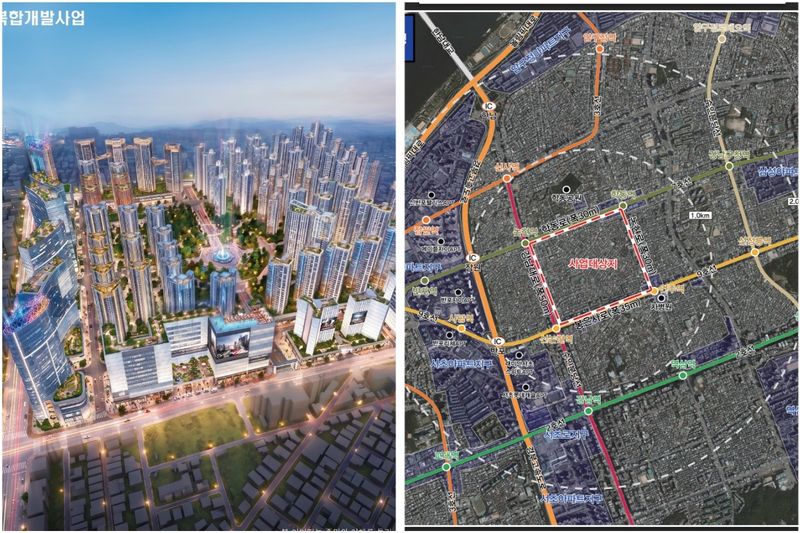 서울 강남구 '논현1동 성장거점형 민간도심복합개발사업' 예상 조감도(왼쪽)와 위치도(오른쪽). 업계 제공