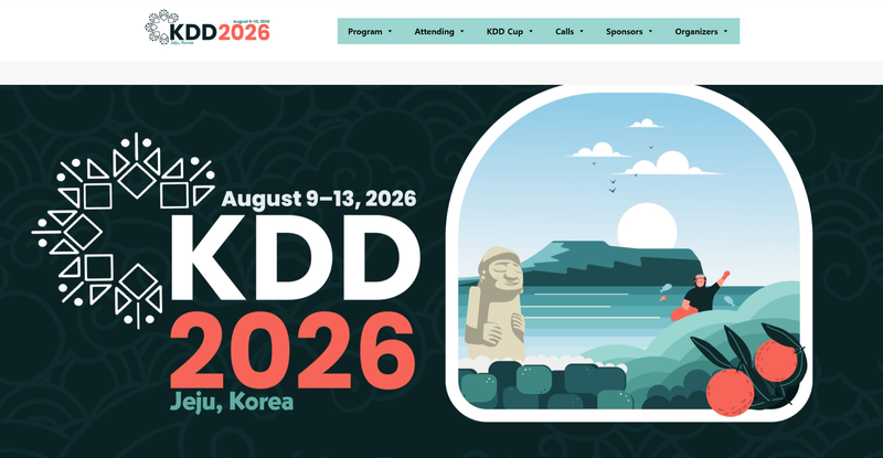 세계 최대 데이터마이닝·인공지능 학술대회인 ‘KDD 2026’ 공식 홈페이지 화면. 행사는 2026년 8월 9일부터 13일까지 제주에서 열리며, 메인 화면에는 제주 해녀와 돌하르방, 한라산, 감귤 등 지역 상징물이 담겼다. 사진=KDD 2026 홈페이지 캡처