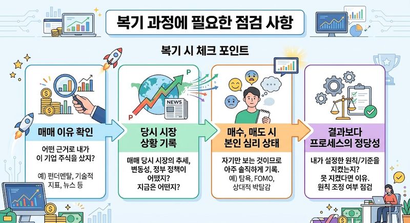 투자 복기에 필요한 점검 사항. 제미나이 생성 이미지