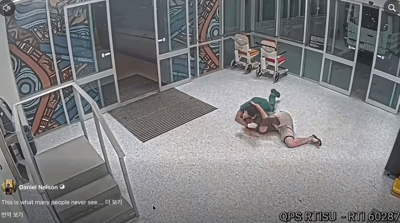 호주의 한 응급실에서 난동을 부리는 환자를 주짓수로 제압하는 간호사의 모습이 담긴 CCTV 영상이 온라인에 공개된 뒤 화제가 됐다. 영상 속 간호사인 다니엘 넬슨은 "폭력에 노출된 응급실 상황"을 강조했다./영상=다니엘 넬슨 페이스북 캡처