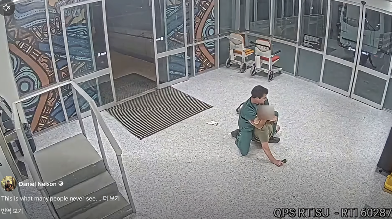 호주의 한 응급실에서 난동을 부리는 환자를 주짓수로 제압하는 간호사의 모습이 담긴 CCTV 영상이 온라인에 공개된 뒤 화제가 됐다. 영상 속 간호사인 다니엘 넬슨은 "폭력에 노출된 응급실 상황"을 강조했다./사진=다니엘 넬슨 페이스북 캡처