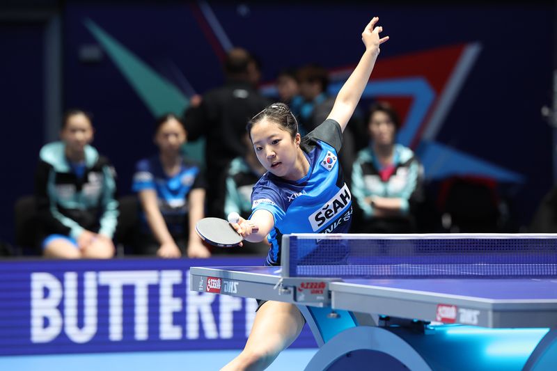 [서울=뉴시스] 싱가포르와 2026 국제탁구연맹(ITTF) 세계탁구선수권대회 단체전 여자부 16강전에 출전한 신유빈. (사진=대한탁구협회 제공) 2026.05.06. *재판매 및 DB 금지