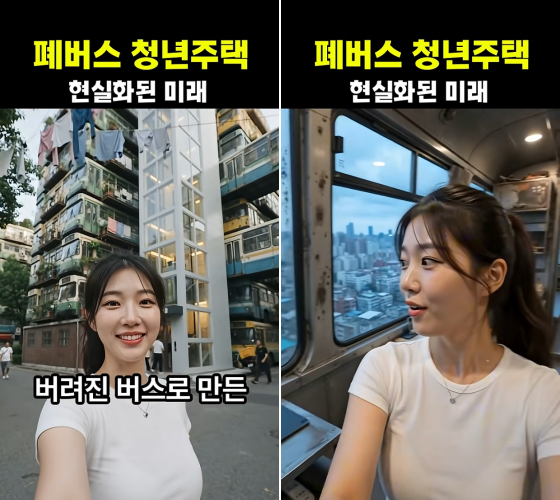 지난 7일 더불어민주당 황희 의원이 '버스 하우스' 아이디어를 제안한 뒤 온라인엔 황 의원의 제안을 풍자하는 이미지가 잇따라 등장했다. 사진은 생성형 AI를 활용해 '폐버스 청년주택 만들어진 미래 가상 브이로그'라는 이름으로 유튜브에 올라온 영상. /사진=유튜브 캡처