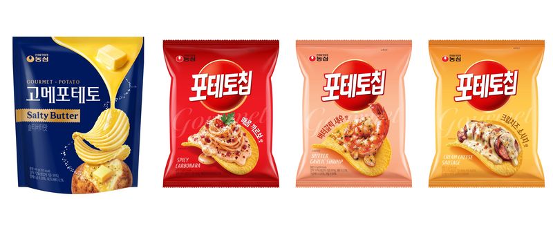 포테토칩 신제품 4종 모음 이미지(고메포테토 솔티버터맛, 매콤까르보맛, 버터갈릭새우맛, 크림치즈소시지맛).(농심 제공)