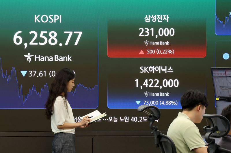 코스피가 소폭 하락하며 6250대로 마감한 7일 오후 서울 중구 하나은행 딜링룸 현황판에 삼성전자와 SK하이닉스 주가가 표시되고 있다. 2026.8.7 ⓒ 뉴스1 이광호 기자
